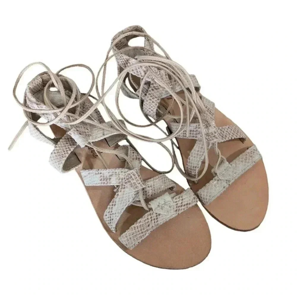Free People Beige Snakeskin Snake Reptile Print Lace Up Gladiator Sandals Sz 37